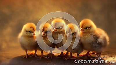 huddle of 5 baby yellow chickens Stock Photo