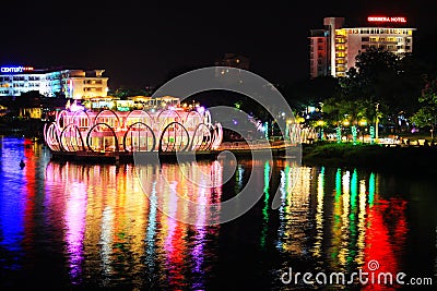 Hue Perfume River Riverbank At Night, Vietnam Editorial Stock Photo