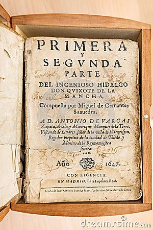 Third original edition of the famous book The ingenious hidalgo Don Quixote de la Mancha by Miguel Editorial Stock Photo