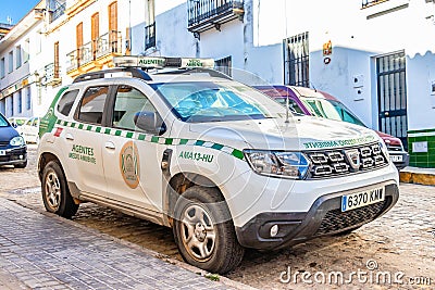 Huelva, Spain - August 16, 2020: Dacia Duster vehicle of the Environmental Agents of the Junta de Andalucia. Police that guards Editorial Stock Photo