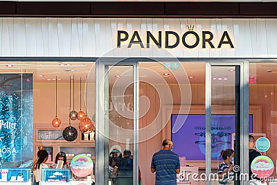 Huelva, Spain - July 27, 2020: Pandora store. Pandora is a Danish jewelry manufacturer and retailer founded in 1982 known for its Editorial Stock Photo