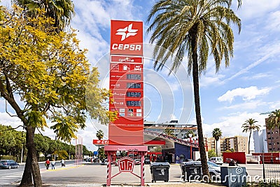 Huelva, Spain - March 6, 2022: DIsplay with gas prices, diesel and unleaded gasoline, at Cepsa gas station Editorial Stock Photo