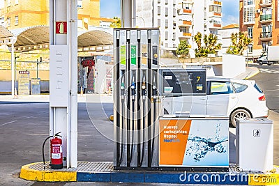 Huelva, Spain - March 10, 2022: View of a petrol pump at a gas Repsol station Editorial Stock Photo