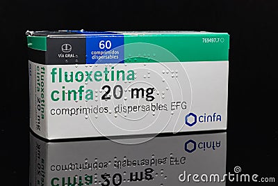 Huelva, Spain - November 26, 2020: Spanish Box of Fluoxetine Cinfa 20mg. Fluoxetine is a type of antidepressant known as an SSRI Editorial Stock Photo