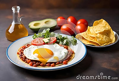 huevos rancheros with fried eggs, beans and tomatoes on a plate with tortilla chips Stock Photo
