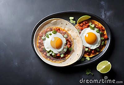 huevos rancheros with fried eggs on a tortilla with salsa and cilantro on a black background Stock Photo