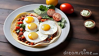 huevos rancheros mexican breakfast with eggs and tomatoes on a plate Stock Photo