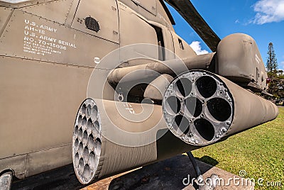 Huey Closeup of rocket launchers of Bell helicopter at Wheeler Air Force Base, Oahu, Hawaii, USA Editorial Stock Photo