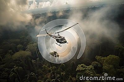 huey helicopter flying low over rainforest, with smoke billowing from its engines Stock Photo