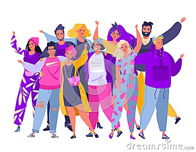 Group of smiling young people or student standing together, embracing each other, waving hands. Vector Illustration