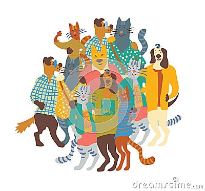 Hug happy pets dogs and cats group isolate white. Vector Illustration