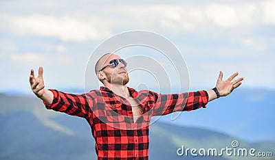 Hug whole world. Masculinity and male energy. Achieve freedom. Free and wild. Value of freedom. Self sufficient. Man Stock Photo