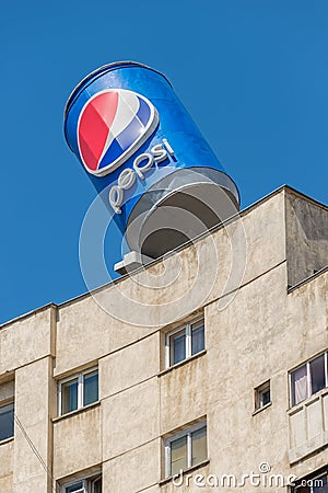 Huge advertising can of famous Pepsi drink in Bucharest on top o Editorial Stock Photo