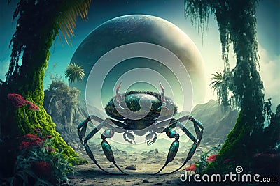 Huge alien crab on the background of the jungle and the moon. Stock Photo