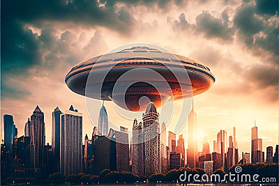 Huge Alien UFO spaceship above a modern city flying saucer Stock Photo
