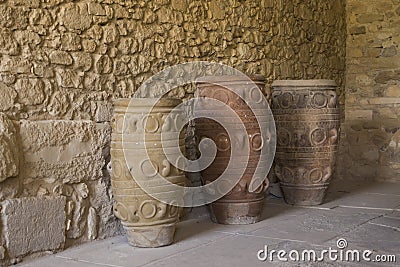 Huge ancient clay vases and camphor. Old dishes, camphor and pitchers. S Editorial Stock Photo