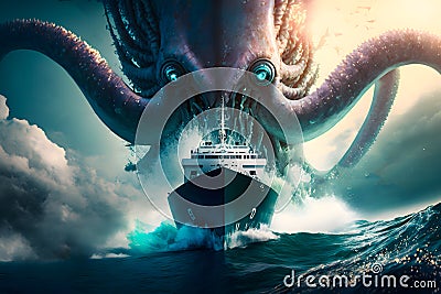 Huge angry grinning scary squid rising up attacks a modern liner ship in the ocean sea. Generative AI Stock Photo
