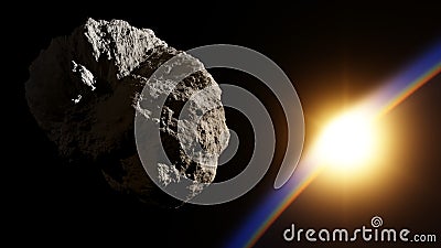 Huge asteroid in space approaching planet with sunrise Cartoon Illustration