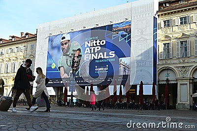 Huge billboard in main square welcome the oncoming Nitto ATP finals tournament Turin Italy Editorial Stock Photo