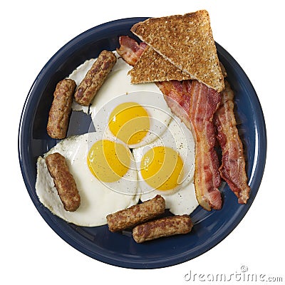 Huge Breakfast Plate of Eggs, Meat, and Toast, Isolated on White Stock Photo