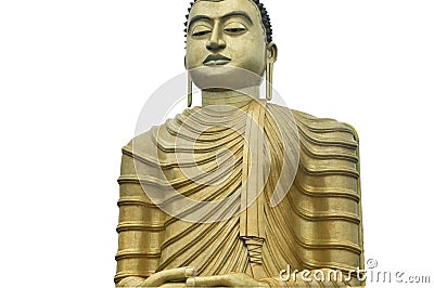 Huge buddha gold statue with a disdainful sight isolated on white closeup Stock Photo