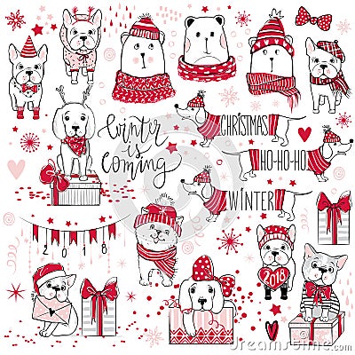 A huge Christmas collection with cute dogs, bears, gifts, snowfl Vector Illustration