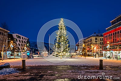 Huge Christmas tree in Tromso town Editorial Stock Photo