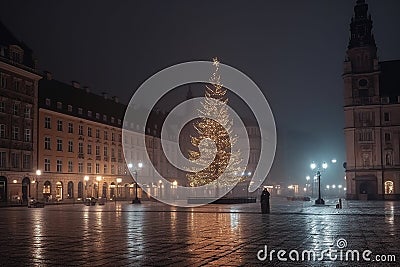Huge christmas tree in the market square of a modern city. Christmas market. Blurred people. Stock Photo