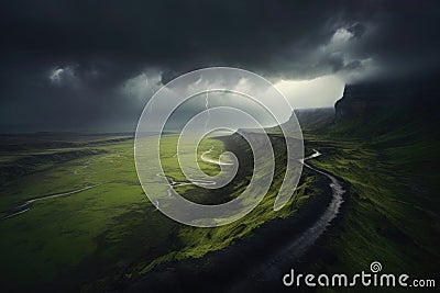 Huge cloudy windy storm. Sky with dramatic clouds from an approaching thunderstorm. Generative AI Cartoon Illustration