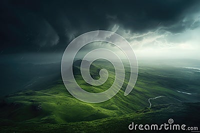 Huge cloudy windy storm. Sky with dramatic clouds from an approaching thunderstorm. Generative AI Cartoon Illustration