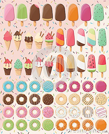 Huge collection of 28 ice creams and 32 donuts, delicious and tasty summer treats Vector Illustration