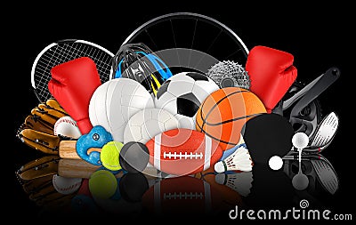 Huge collection stack of sport balls gear equipment from various sports concept dark black background Stock Photo