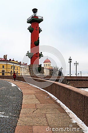 St. Petersburg, Russia, February 2020. Rostral column on the embankment of Vasilyevsky Island. Editorial Stock Photo