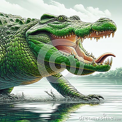 A huge crocodile basks in the sun. Generative AI Cartoon Illustration