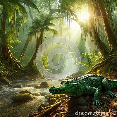 A huge crocodile basks in the sun. Generative AI Cartoon Illustration