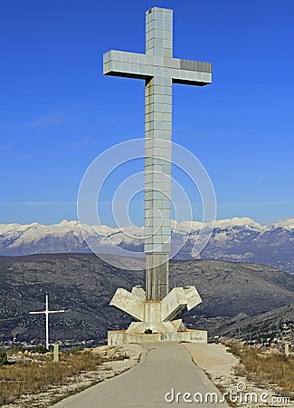 Huge cross on Hum Mountain in Mostar Stock Photo