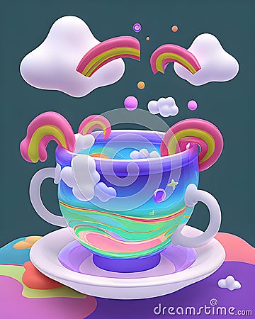 A huge cup and saucer floating in the sky, surrounded by clouds and rainbows, abstract. Stock Photo