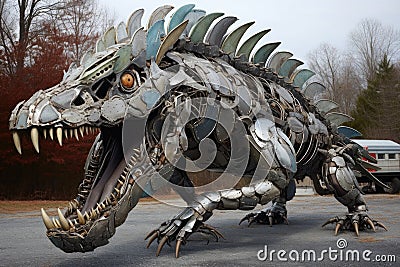huge dinosaur sculpture made from metal nuts and bolts Stock Photo