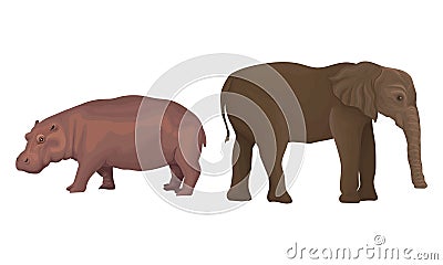 Huge Elephant and Hippo as African Animal Vector Set Vector Illustration