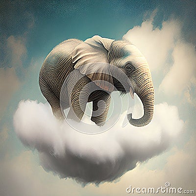 Huge elephant standing on a cloud in the blue sky, surreal creative animal concept, power and strength, AI Stock Photo