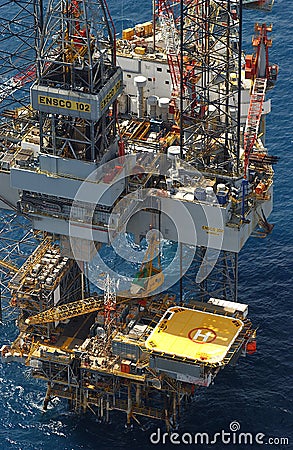 The huge Ensco 102 jackup drilling rig drills over Barracouta platform on Bass Strait Vic Editorial Stock Photo