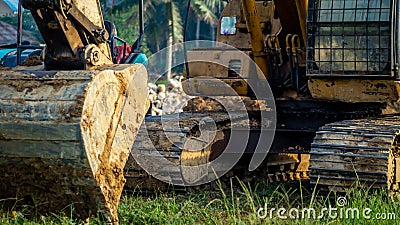 Huge excavator park on construction work site Stock Photo