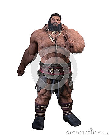 Huge fantasy giant man with long black hair and beard in standing pose. Isolated 3D illustration Stock Photo