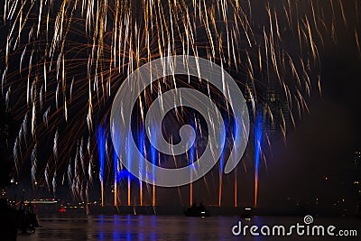 Huge firework over the rhine river Stock Photo