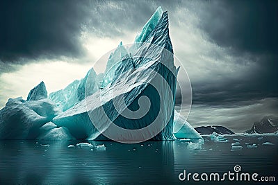huge floating iceberg with sharp peaks and snow-white peak on cloudy day Stock Photo