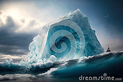 huge floating icebergs break off from rocky ledge under influence of wind and solar heat Stock Photo