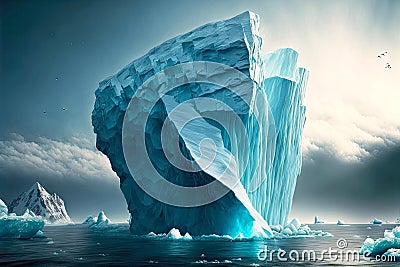 huge floating icebergs break off from rocky ledge under influence of wind and solar heat Stock Photo