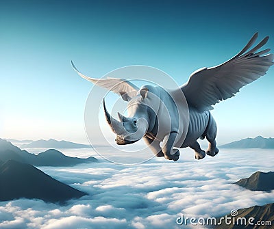 A huge flying rhino with bird wings as ai Stock Photo