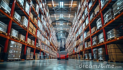 Huge fulfillment center of giant fulfillment center of e-commerce company with hundreds thousands of goods stored on Storage Racks Stock Photo