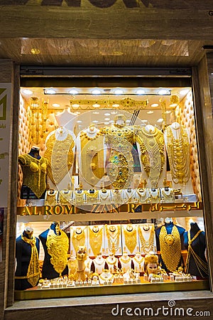 Huge gold jewelry shop window Dubai Gold Souk UAE Editorial Stock Photo